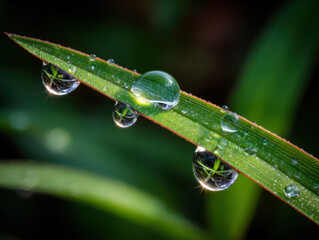 Water or dew drops on grass on a summer morning.