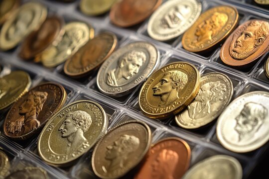 Image of a collection of vintage Italian and French coins in a transparent numismatic slee