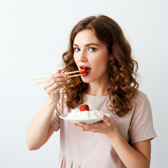 Woman eating rice with pickled plum isolated on white