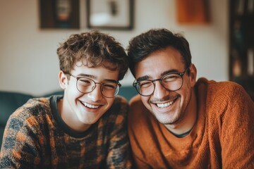 Image of a joyful teen and his dad at home bonding and enjoying each other s company