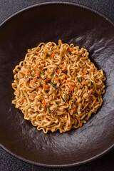 Instant noodles or ramen, Asian food, pasta with vegetables. Noodles, takeaway food
