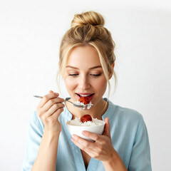Woman eating rice with pickled plum isolated on white