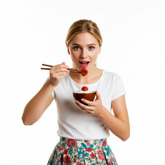 Woman eating rice with pickled plum isolated on white