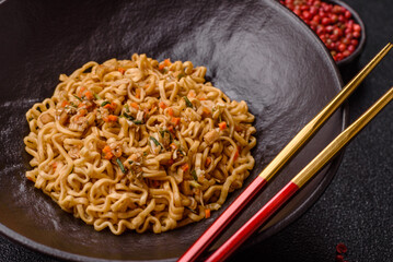 Instant noodles or ramen, Asian food, pasta with vegetables. Noodles, takeaway food