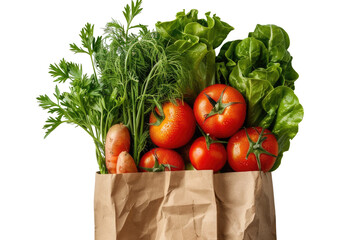 Biodegradable paper bag filled with seasonal vegetables - tomato, zucchini, carrot, onion, cucumber and green lettuce leaves isolated on transparent or white background
