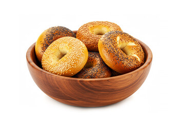 Wooden bowl of tasty bagels isolated on white background