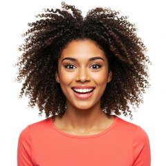 Young beautiful multiracial woman pulling faces at the camera with a big smile isolated on white