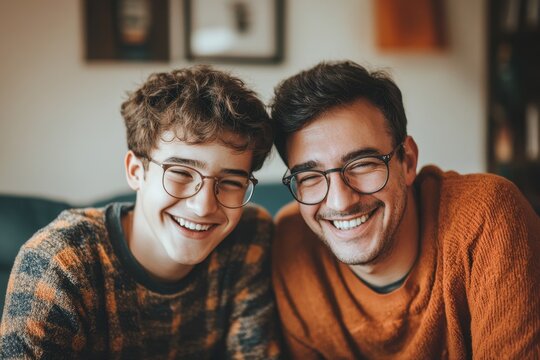 Image of a joyful teen and his dad at home bonding and enjoying each other s company