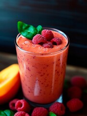 Raspberry peach smoothie with leaves, served in a clear glass