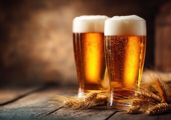 Two tall foamy glasses of golden beer with wheat stalks on rustic wood surface, ideal for brewery branding, Oktoberfest promotions, drink menus, and seasonal campaigns