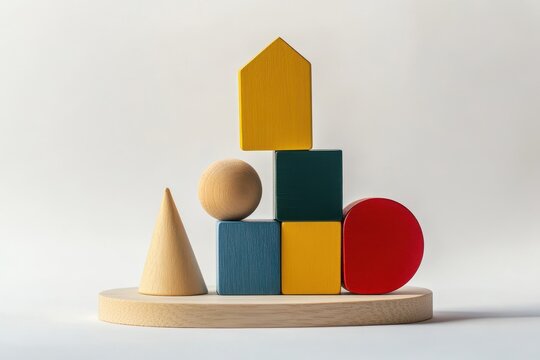 Image of a wooden children s shape sorter featuring colorful geometric pieces against a wh
