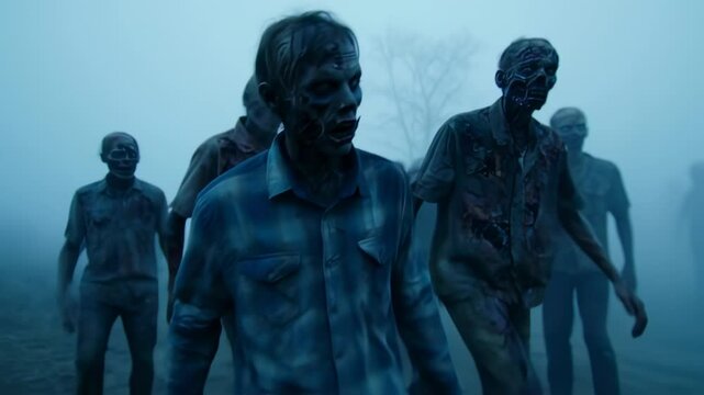 Creepy Zombie Apocalypse Undead figures walking in foggy landscape.