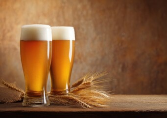Two foamy glasses of golden beer with wheat stalks on rustic wooden table and warm background, perfect for pub menus, Oktoberfest visuals, and brewing promotions