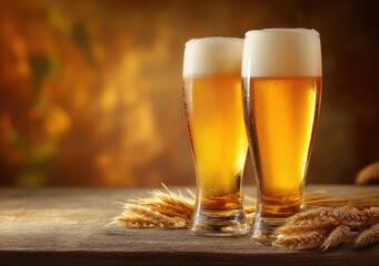 Two tall glasses of cold golden beer with foamy heads on rustic wooden table and wheat stalks, warm blurred background ideal for brewery, Oktoberfest, and bar promotions