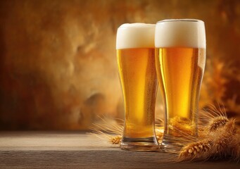 Two tall golden beer glasses with thick foam on wooden table beside wheat stalks, warm amber background perfect for brewery branding, pub ads, and Oktoberfest promotions