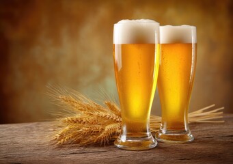 Two tall golden beer glasses with rich foam on rustic wood table next to wheat stalks, great for brewery ads, Oktoberfest visuals, and seasonal drink promotions