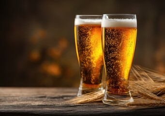 Two tall glasses of dark golden beer with rising bubbles and foam on a rustic wooden table beside wheat stalks, perfect for brewery ads, bar menus, and Oktoberfest themes