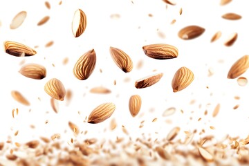 Almonds Cascade on White Backdrop, NutrientRich, Healthy Snack, Detailed CloseUp