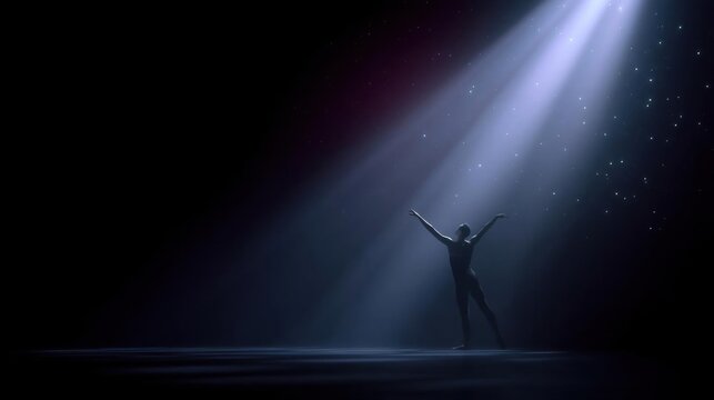 Silhouette of a person standing on a stage with their arms stretched out in front of them. the person appears to be in a graceful pose, with their body facing towards the right side of the image. - Powered by Adobe