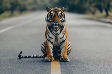 Impressive wild male tiger close up blocking a path in Ranthambore National Park Rajastha