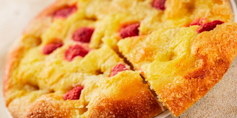 Sweet pie raspberry  frangipane dessert baking fresh delicious gourmet food background on the table rustic food top view copy space