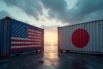Two shipping containers stand side by side, one painted Japan flag and the other is the American flag. Global trade disputes, tariff conflicts, and trade war concept