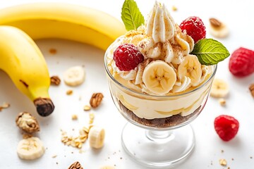 Closeup of a Banana and Raspberry Dessert in Glass on a White Background