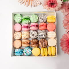 Macaron box with 24 colorful pieces and asters on white background