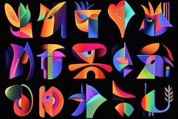 Large collection of vivid modern geometric forms against a dark backdrop embodying Swiss