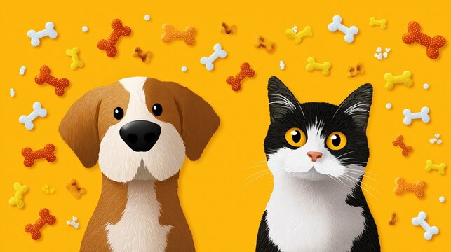 Cartoon dog and cat with colorful bones on yellow background