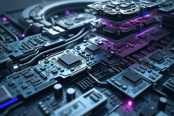 Complex multi-element electronic printed circuit board with chips
