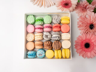 Macaron box with 24 colorful pieces and asters on white background