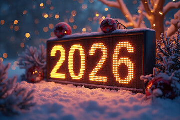 2026 numbers illuminated by led lamps on holiday board at winter night. New Year's Eve 2026.