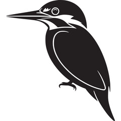A black and white illustration of a bird with long beak perched on a branch in simple design style on transparent background