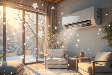 Big split air conditioner blows snowflakes into room. Summer to winter. Cold wind flow.