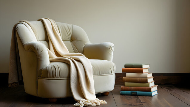 “Cozy and clean reading nook with a soft beige armchair, folded blanket, stack of books with closed covers, gentle natural light falling across a plain wall and wood floor, silent and still.”