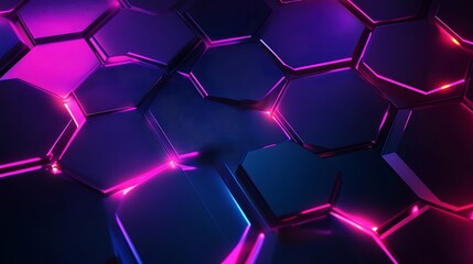 Dark Hexagon Tiles Texture with Pink and Blue Neon Glowing Edges Abstract Design