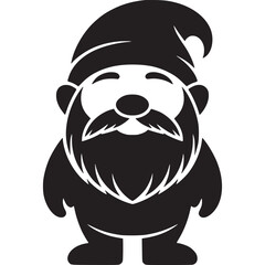 A black and white gnome with a beard and a hat standing on a white background in a cartoon style on transparent background