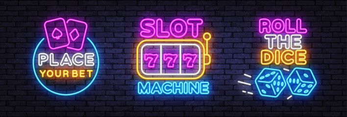 Neon sign set featuring place your bet, slot machine, and roll the dice. Colorful glowing elements with cards, dice and lucky 777 on black brick background.