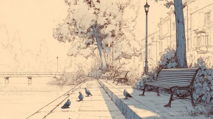 Obraz premium A tranquil riverside scene, sketched in light tones