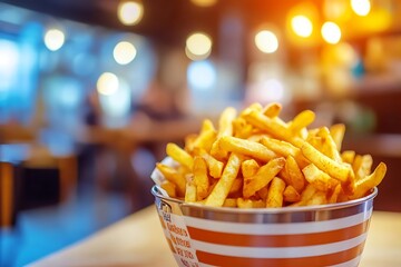 Delicious Golden French Fries Pile in a Striped Bucket Restaurant Setting Macro Shot