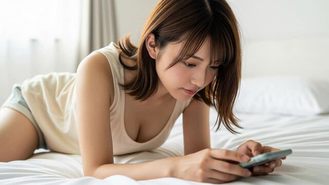 寝室のベッドで前かがみでスマホ操作する女性