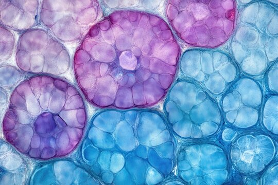 Light micrograph at 20X of onion skin showing large Allium cepa epidermal cells in a singl