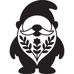Black and white graphic of a gnome with a floral beard and a pointy hat on a white background on transparent background