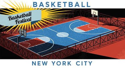 Pop Art Basketball Court Festival: A Bold Graphic Illustration of an Elevated Blue Court with Hoops, "Basketball Festival" Banner, and "NEW YORK CITY" Text
