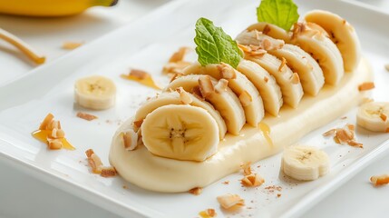 Elegant Dessert Sliced Banana, Cream, Toasted Coconut, Mint, on White Plate