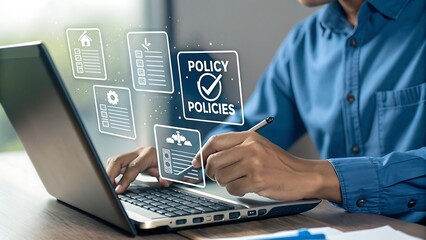 Fototapeta premium Man reviewing various policies on a laptop, ensuring compliance with guidelines and regulations for a secure environment.