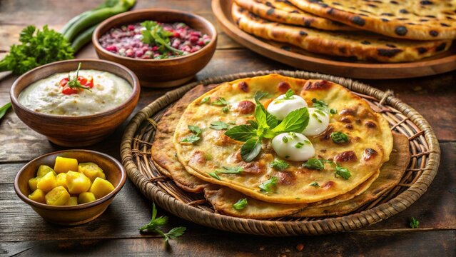 Aloo Paratha with Curd from Punjab, plated beautifully with authentic sides, traditional garnish, cultural background props.