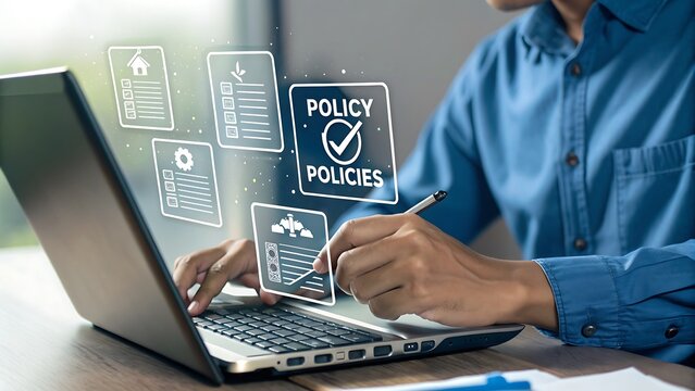 Man reviewing various policies on a laptop, ensuring compliance with guidelines and regulations for a secure environment.