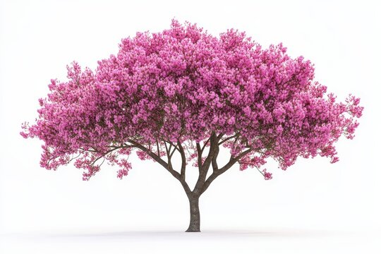 Lonely pink trumpet tree against a white backdrop